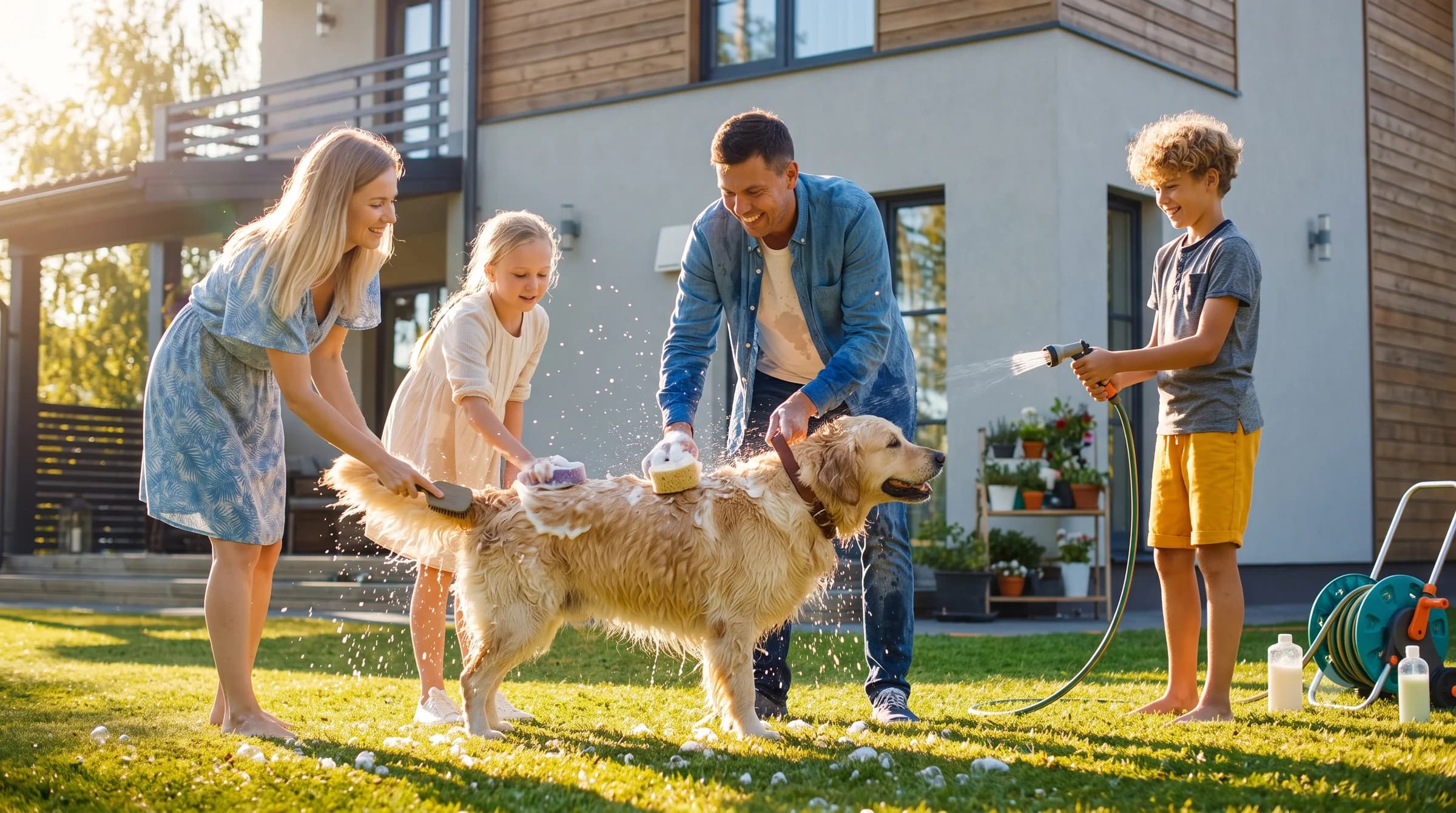 Modern müstakil bir evin bahçesinde ailesiyle birlikte vakit geçiren aile.